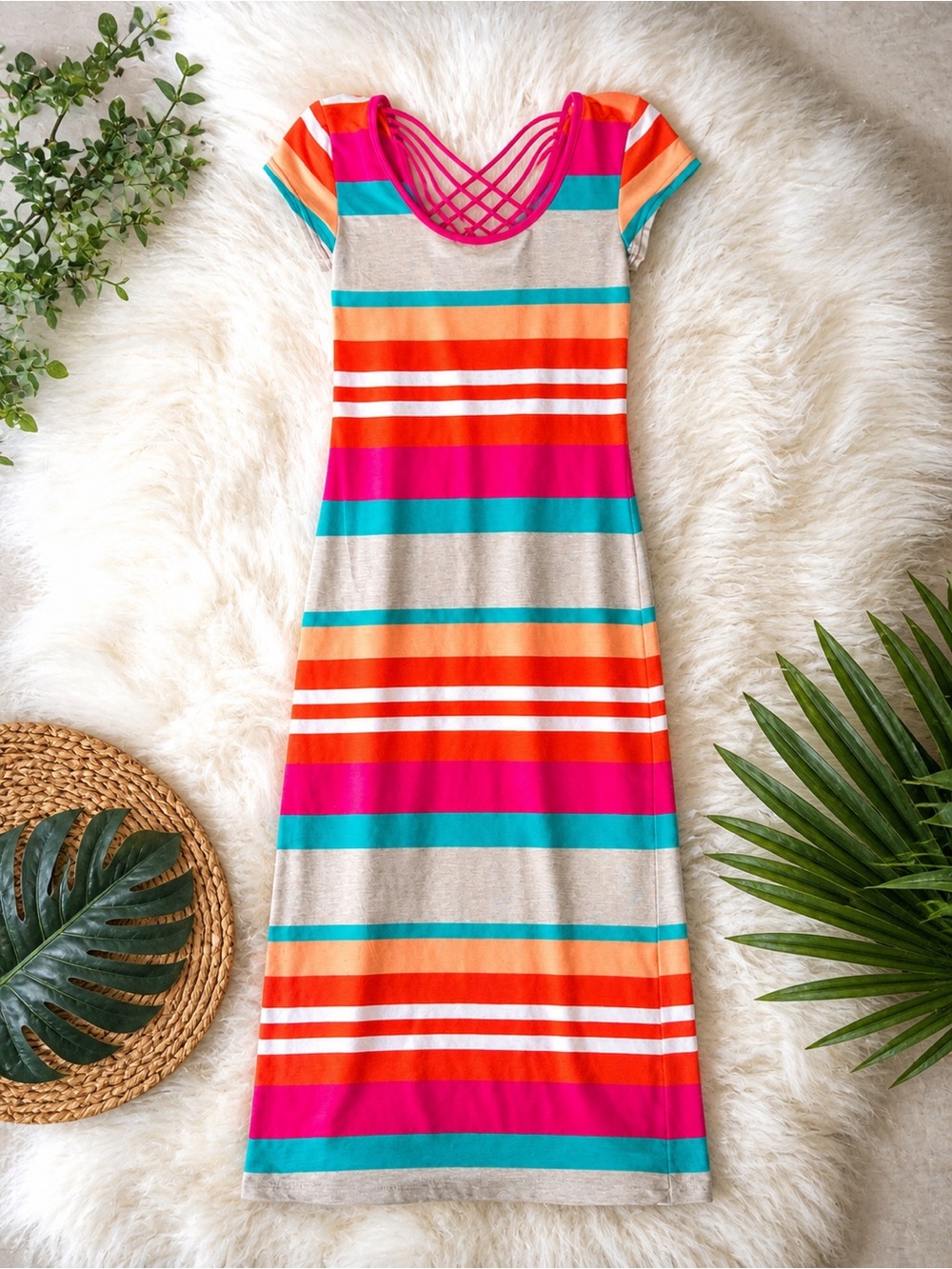I’m In Love With Derek Colorful Striped Maxi Dress Criss Cross Back Size Medium